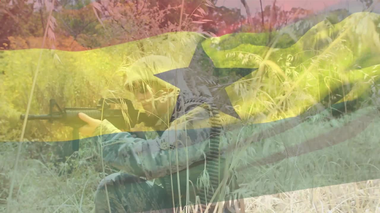 animación de formas rojas sobre la bandera de ghana sobre el soldado caucásico
