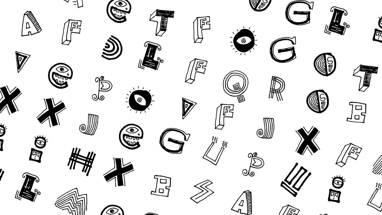 animación divertida sin fisuras de garabates y alfabeto escrito a mano aislado en un fondo blanco. stop motion zine cultura de video bucle.
