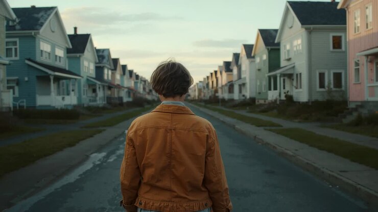 Walking woman in rust jacket starting after pause down center of street between houses near puddles