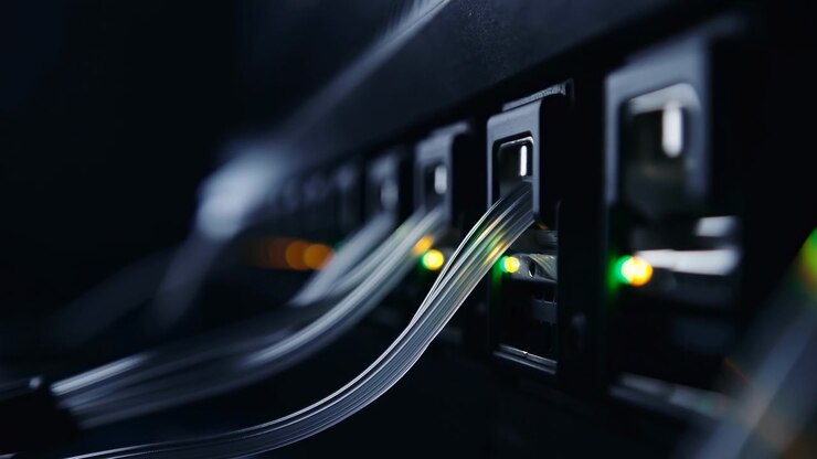 Close view of curved fiber optic lines moving across electronic equipment with small colored lights, dark background, reflective surfaces, and a focused composition highlighting digital connectivity
