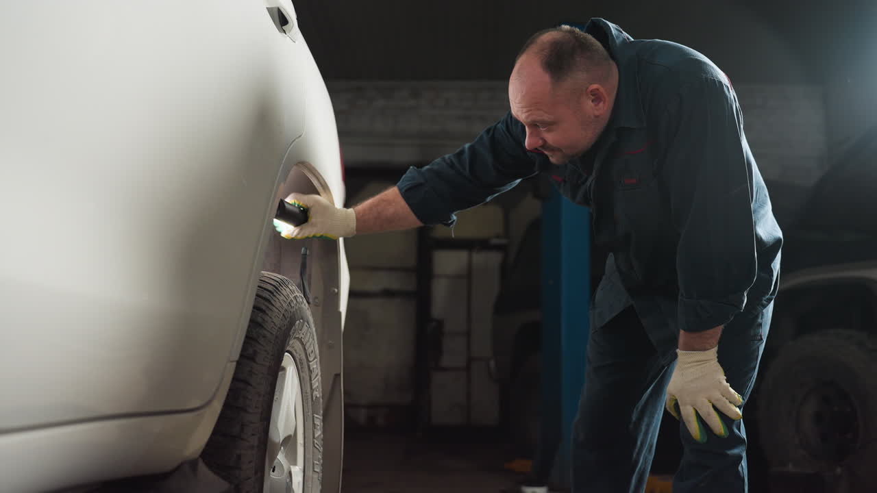 mecánico en uniforme azul usando una antorcha para inspeccionar un neumático de automóvil, enfocándose de cerca mientras está arrodillado, con el ascensor azul del taller visible en el fondo