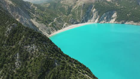 stunning views of myrtos beach surrounded by rocky mountains and turquoise colored water, greece