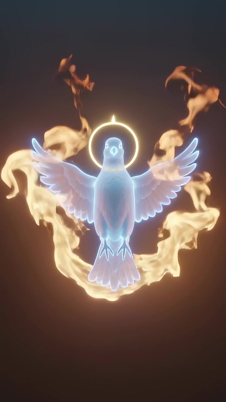 Video verticale: Colomba al neon pulsante che emette un'aura fin dall'inizio su un vuoto oscuro, fiamme che circondano come energia.