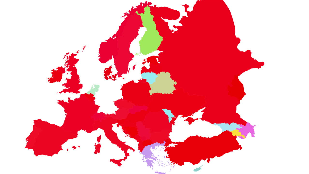 유럽의 컴퓨터 그래픽 지도가 바이러스 확산을 시뮬레이션하는 빨간색으로 변합니다.