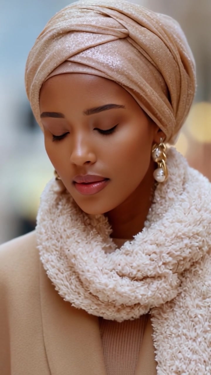 Donna elegante con foulard e sciarpa: un momento sereno catturato in tonalità delicate, che evidenzia moda e bellezza con un tocco di grazia e raffinatezza.