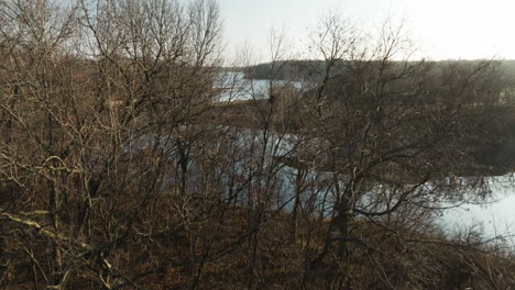 fly over lake flint creek with dried leafless trees in arkansas, usa