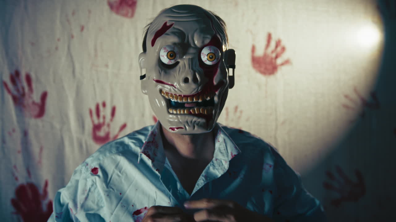 Uomo con maschera da mostro e occhi spaventati nella notte di Halloween