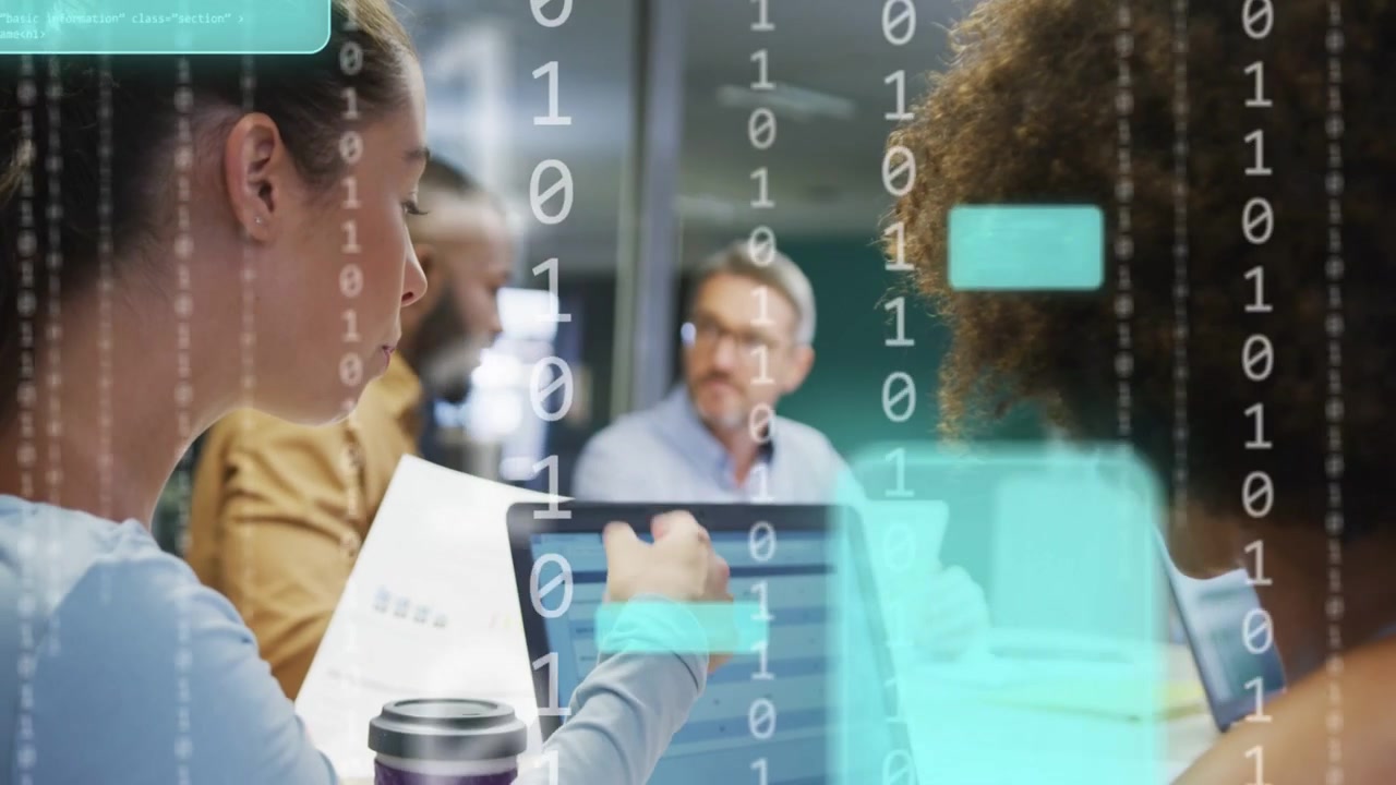 Two women tapping laptop causing binary digits and teal message boxes highlighting business data