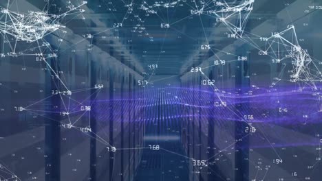 Animation-of-network-of-connections-and-purple-dots-over-server-room