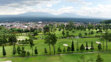 exotic nature and city with mountain behind, aerial fly backward view