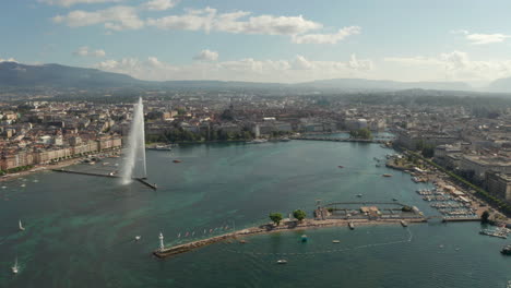 Toma-Aérea-Sobre-El-Lago-La-Rade-Hacia-El-Centro-De-Ginebra-En-Un-Día-Soleado