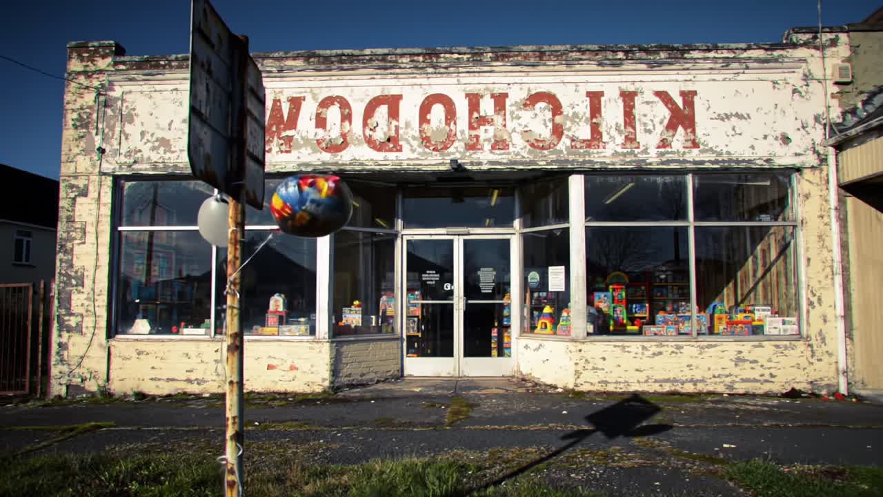 Abandoned storefront adorned with colorful toys and old signage, showcasing the rustic charm of a bygone era, inviting nostalgia and curiosity from passersby