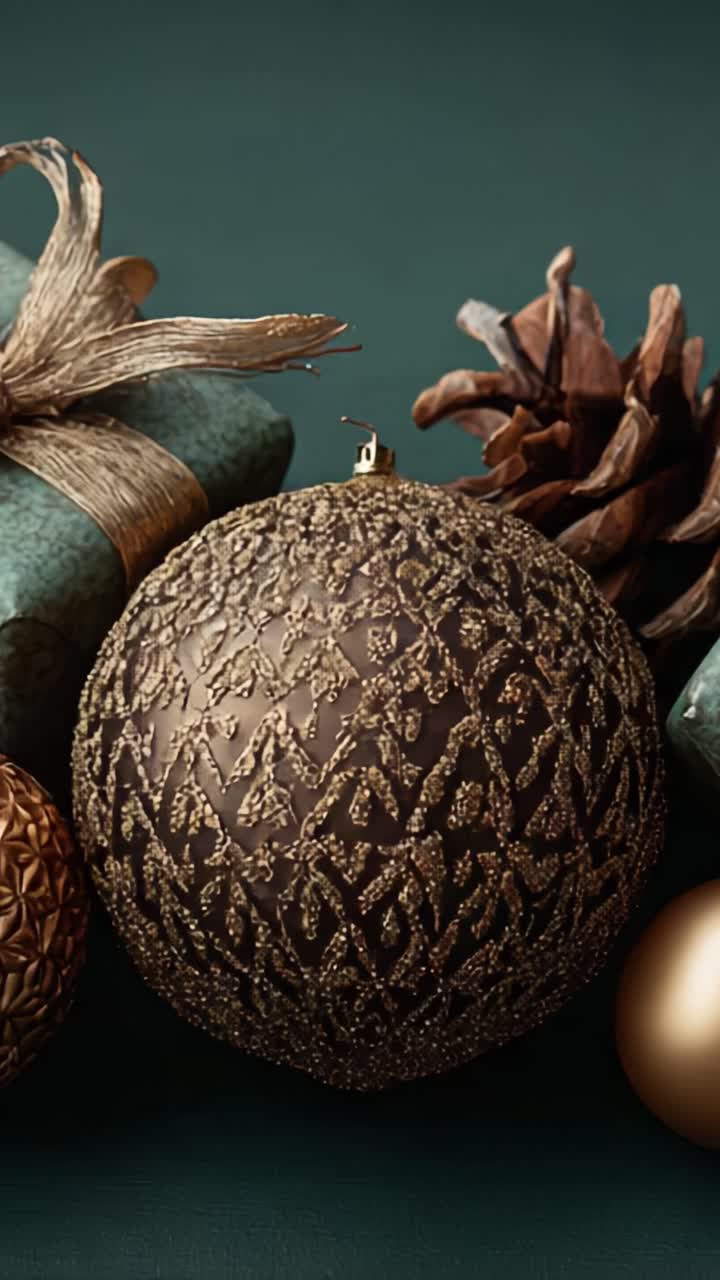 Decorazioni natalizie eleganti con un ornamento dal design raffinato, circondato da regali ed elementi naturali, perfette per creare un'atmosfera di festa e spirito natalizio