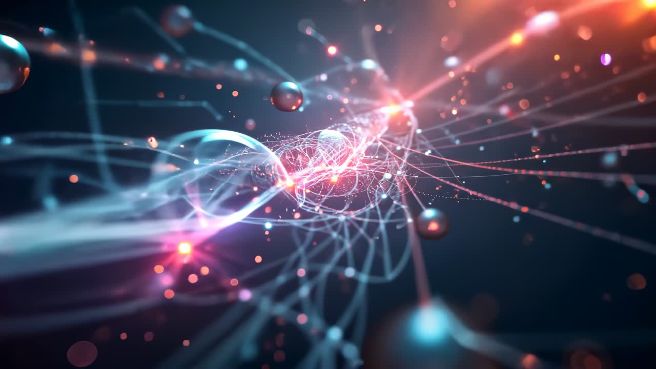 Pulsing network core initiating filaments expanding and weaving through space with glowing nodes