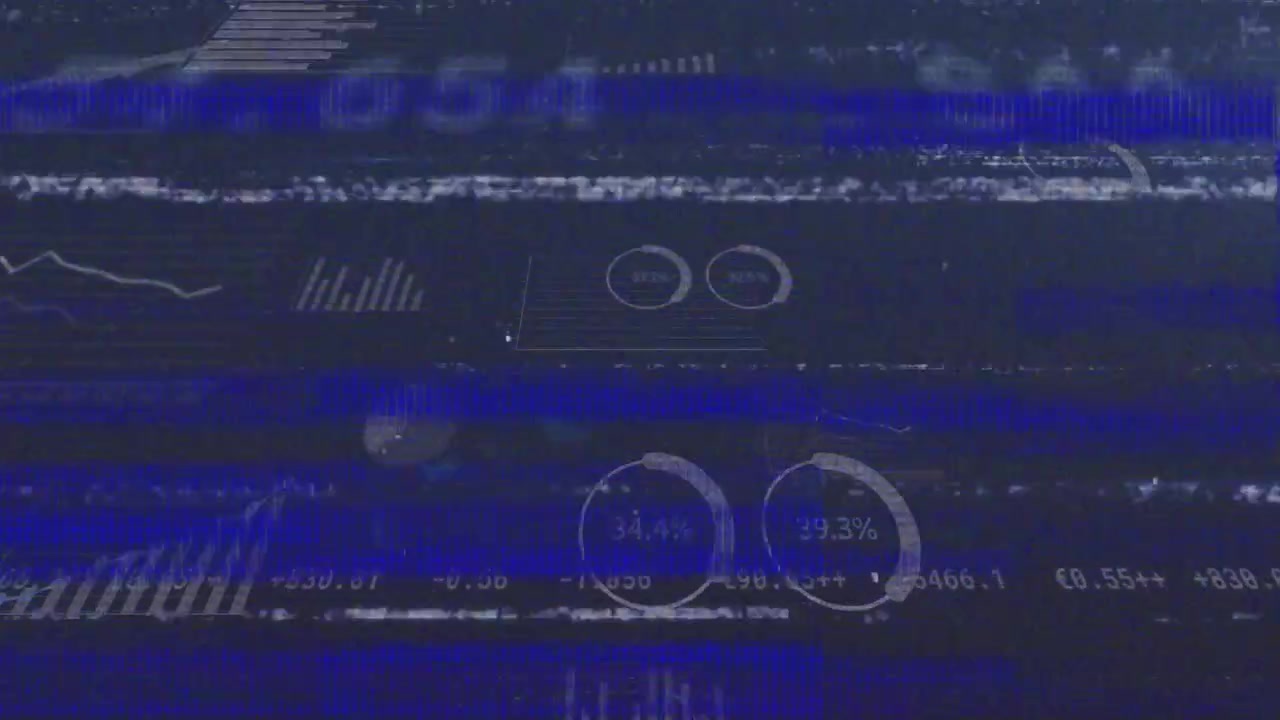 Glitchy digital grænseflade flimrer med statiske linjer og diagramformer, der viser cirkulære statuslinjer.