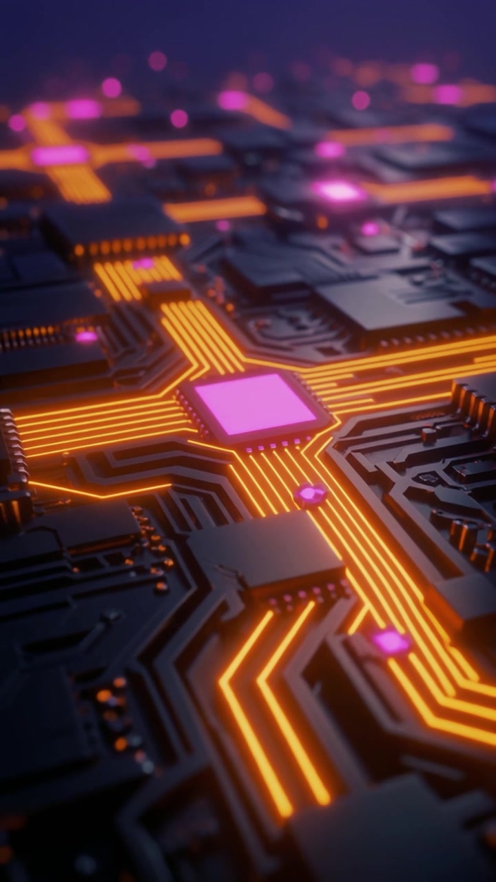 Futuristisk printplade med glødende orange og lilla datastrømme