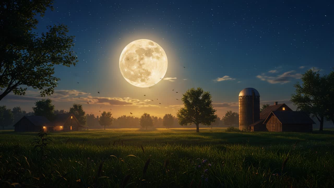 Una notte tranquilla alla fattoria sotto una luna piena radiosa con luci soffuse e brillanti da accoglienti fienili e alberi in silhouette nel paesaggio sereno.