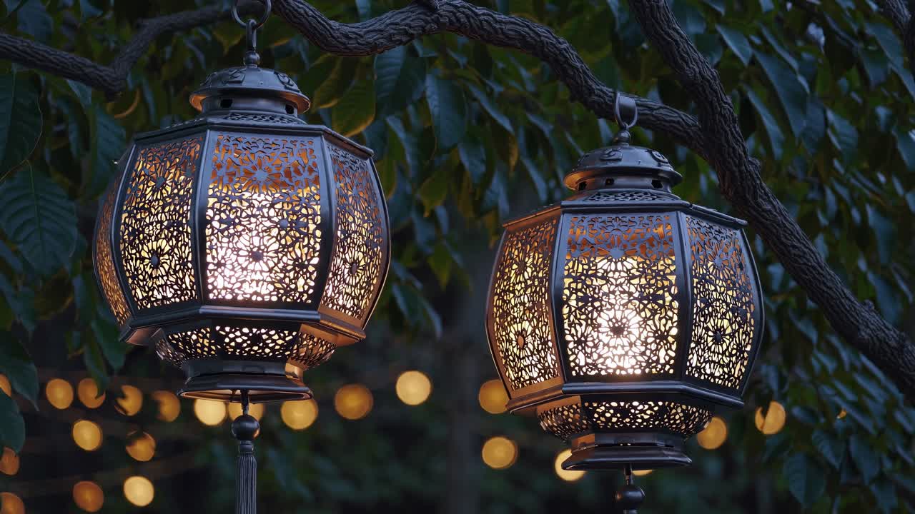 두 개의 장식 된 등불은 따뜻한 빛을 방출합니다. 어두워지면 흐릿한 빛의 배경에 나무 가지에 매달려 평온하고 매혹적인 분위기를 만니다.