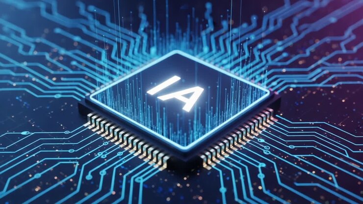 En abstrakt repræsentation af en futuristisk mikrochip, der viser avanceret teknologi med glødende kredsløbslinjer og digitale mønstre, der symboliserer kunstig intelligens og computerkraft.
