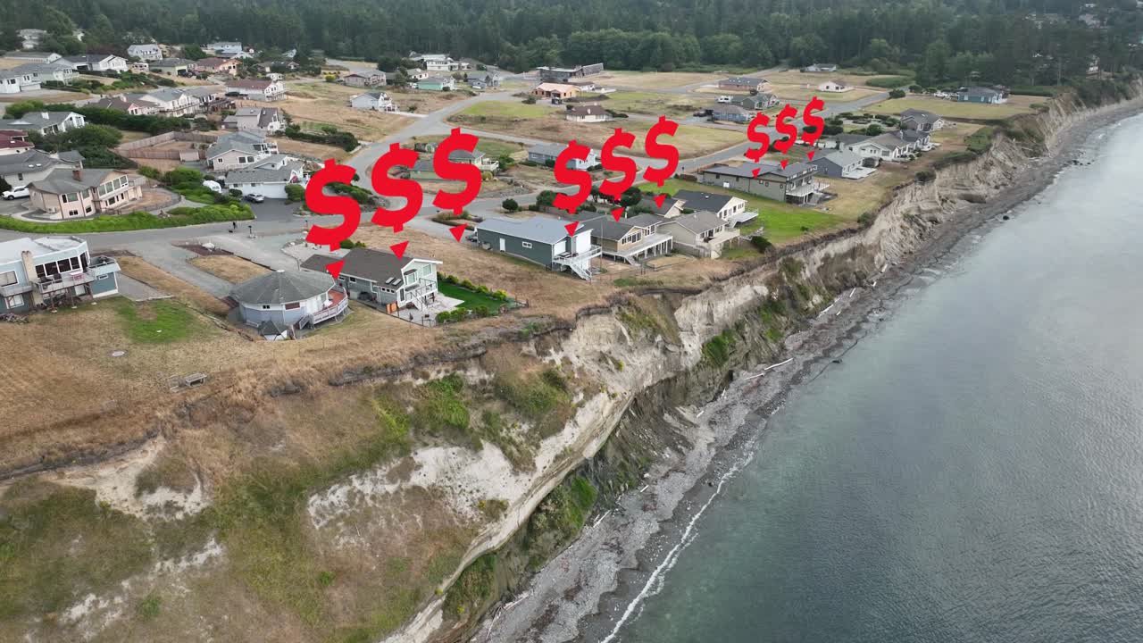 부동산 시장이 어떻게 가치를 잃고 있는지 보여주는 위에 애니메이션 아이콘이 있는 워터프론트 집