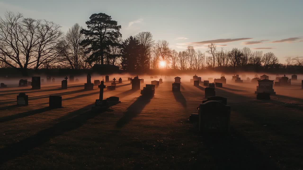 Emerging sun dissolving mist and revealing central headstones in rural cemetery dawn