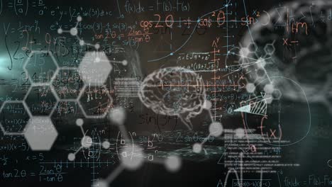 animation of digital screen with scientific data, brain and math formulas on black background