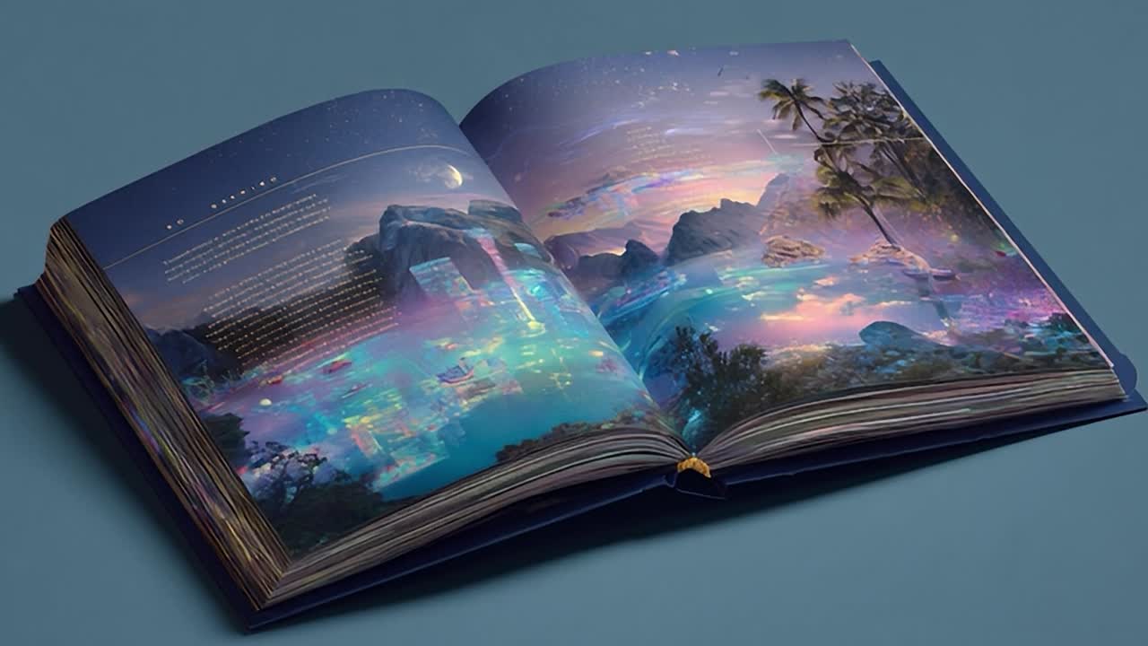 Un libro incantato si apre su un paesaggio vivace al crepuscolo