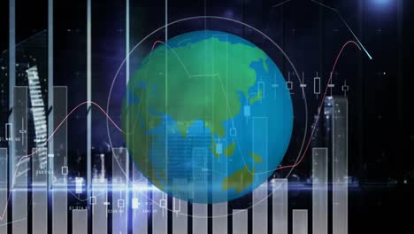 globo terráqueo digital contra una vista nocturna de la ciudad con aparición de datos