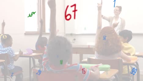 Animation-of-numbers-changing-over-female-teacher-with-school-children-in-classroom