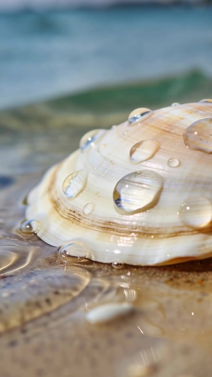 Vertical video: Rolling wave nudging scallop shell, droplets shifting on sand to film of sea