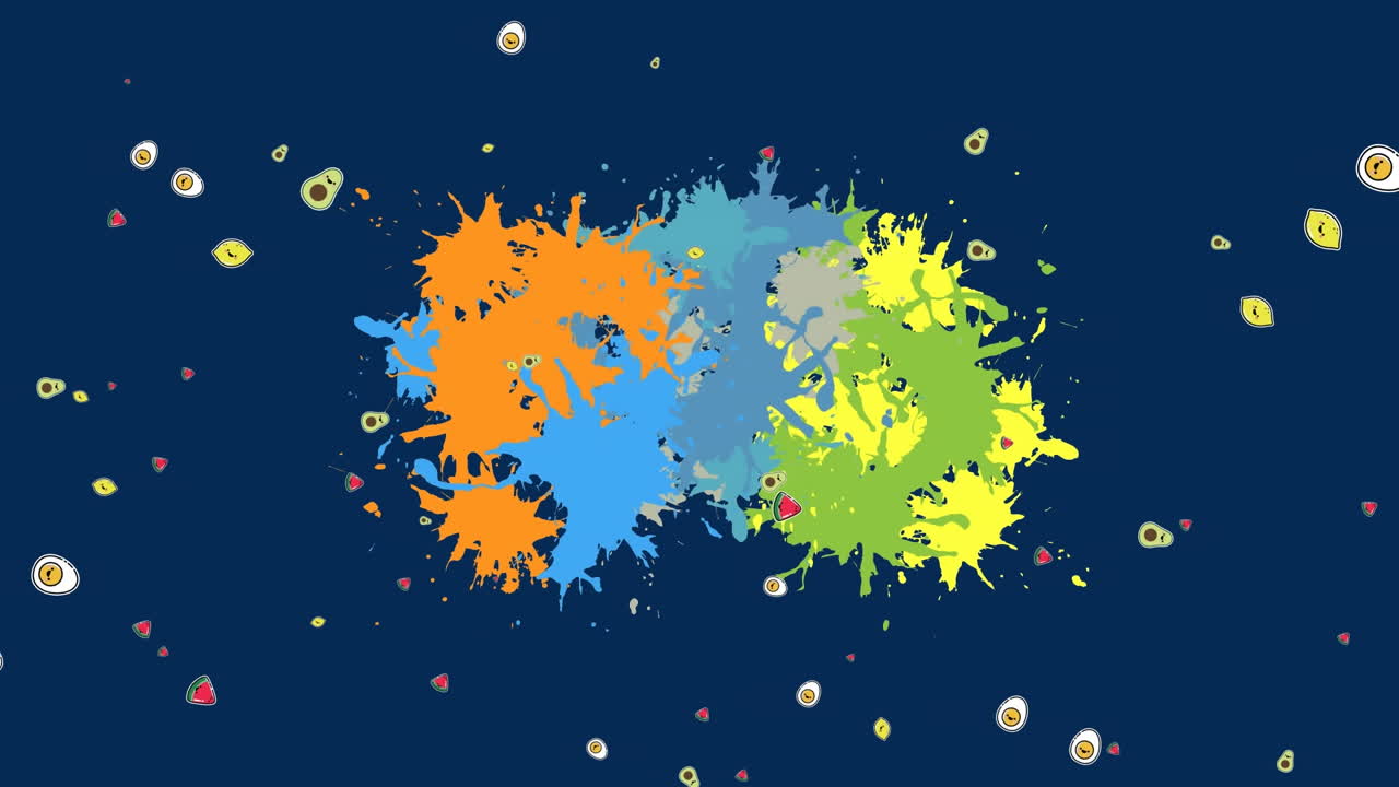 어두운 배경의 얼룩 위에 떨어지는 음식의 애니메이션