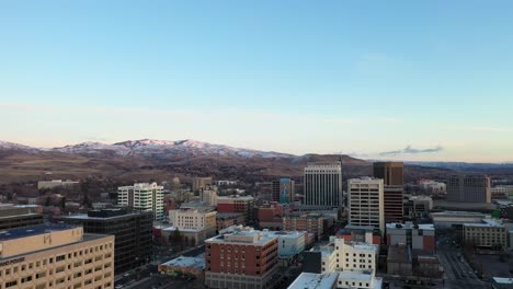 Rising-aerial-shot-over-Boise,-Idaho's-industrial-downtown-district