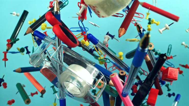 Colorful Office and School Supplies Floating in Slow Motion