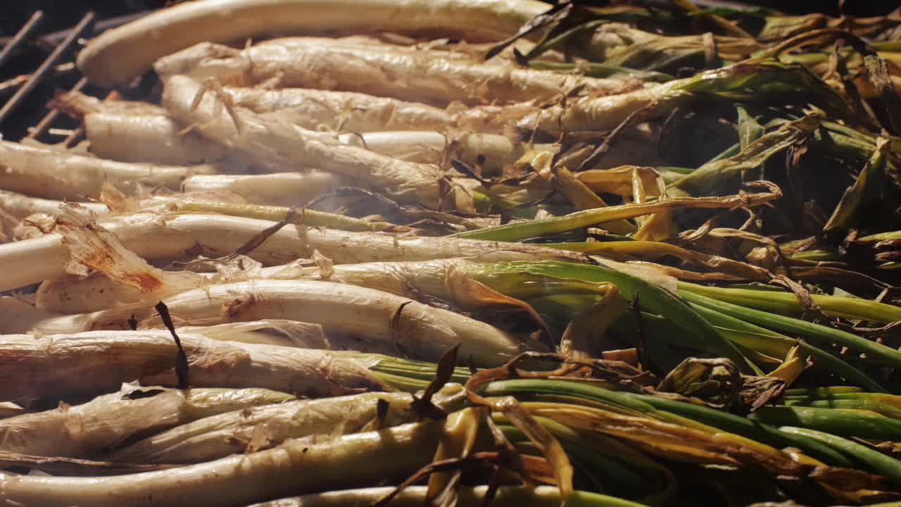 Traditional Spanish catalan green winter onion calcots, spring green season grill barbecue, vegan bbq with fire in Barcelona, Catalonia. Close up of grilling green onion.