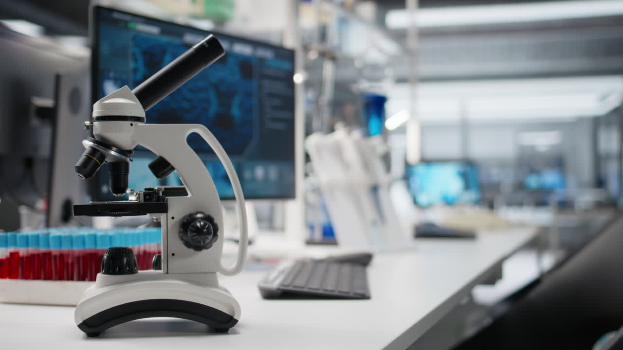 Vertical video Close up of microscope in lab next to computer monitor displaying DNA data