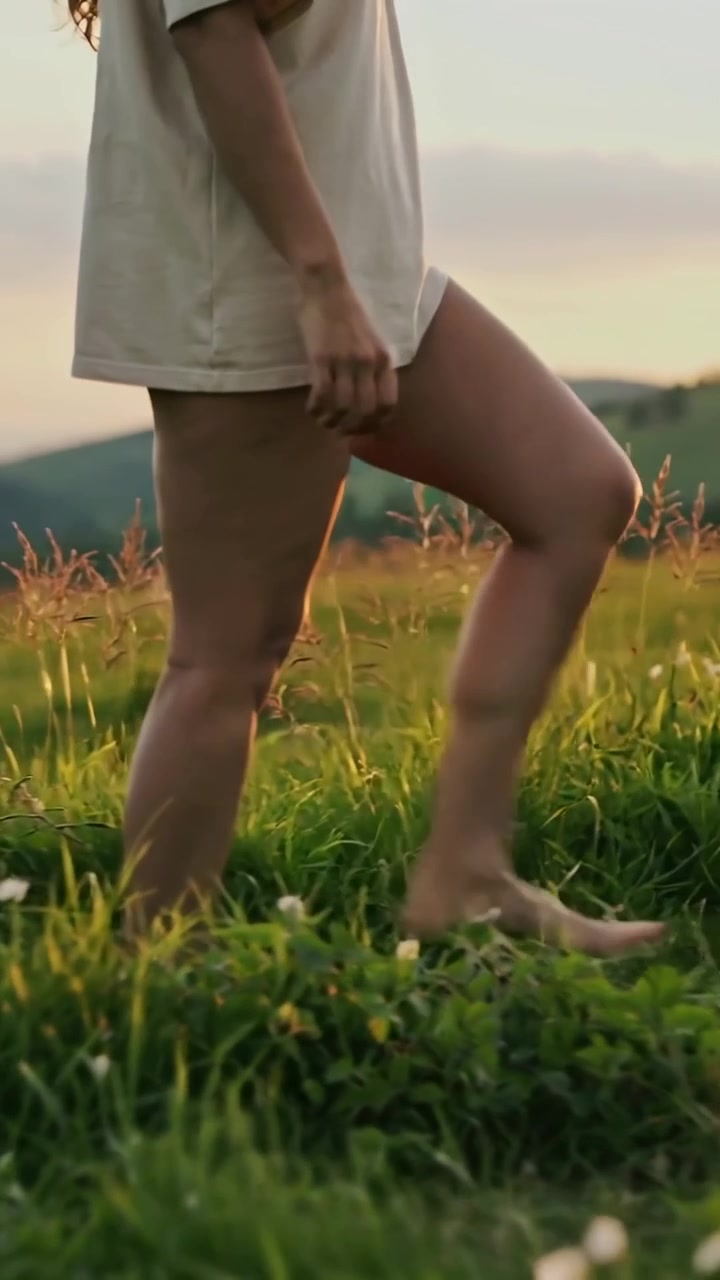 Video verticale: Donna che cammina facendo un passo a destra per attraversare il prato al tramonto, in abito leggero e a piedi nudi.