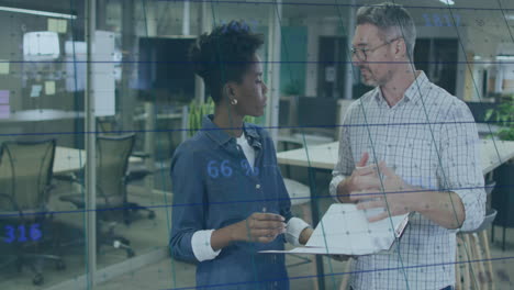 animation of financial data processing over diverse business people in office