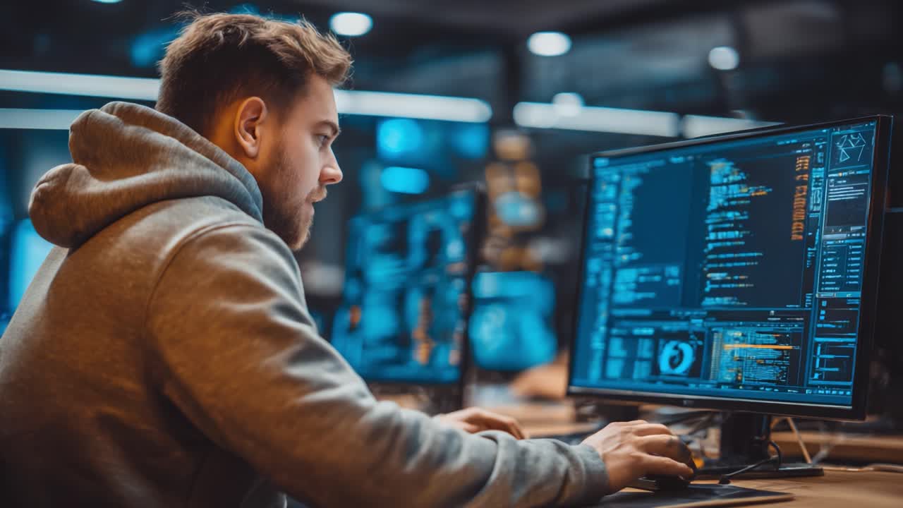 Focused Programmer Analyzing Code on Multiple Screens in a Modern Tech Environment, Engaged in Software Development and Debugging Work