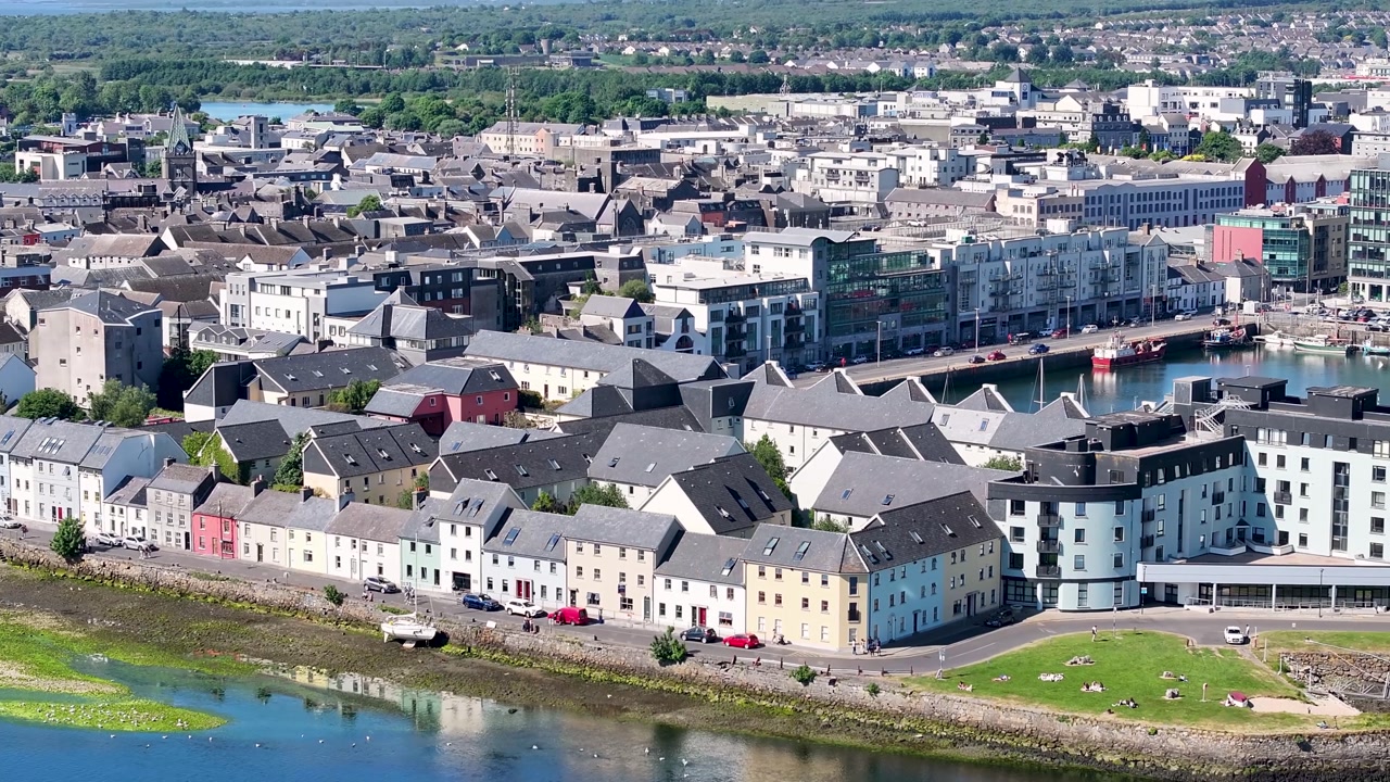 Aerial view of The Long Walk, iconic street with promenade in Galway city, Ireland