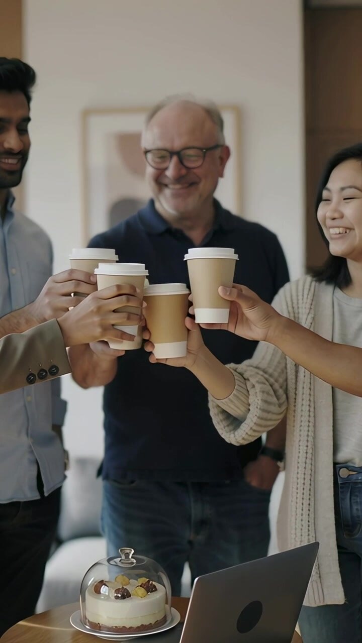 Vertical video: Cake sparking team clinking paper cups in workwear at office by laptop, celebrating