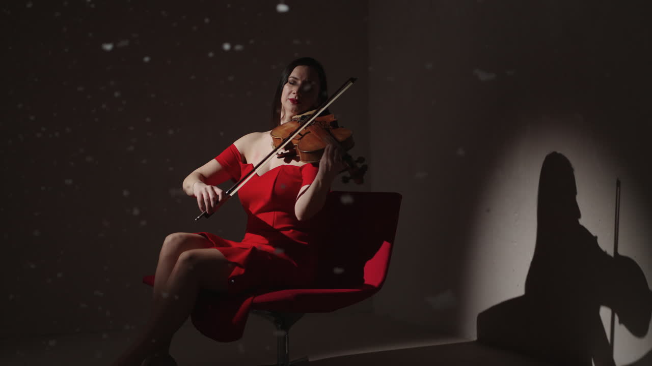 빨간 드레스를 입고 바이올린을 연주하는 여자