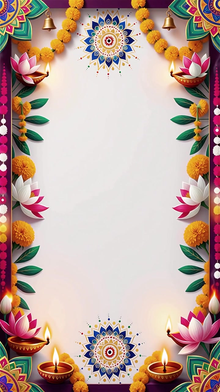 Sfondo Diwali con Diyas luminosi, Rangoli e fiori di loto