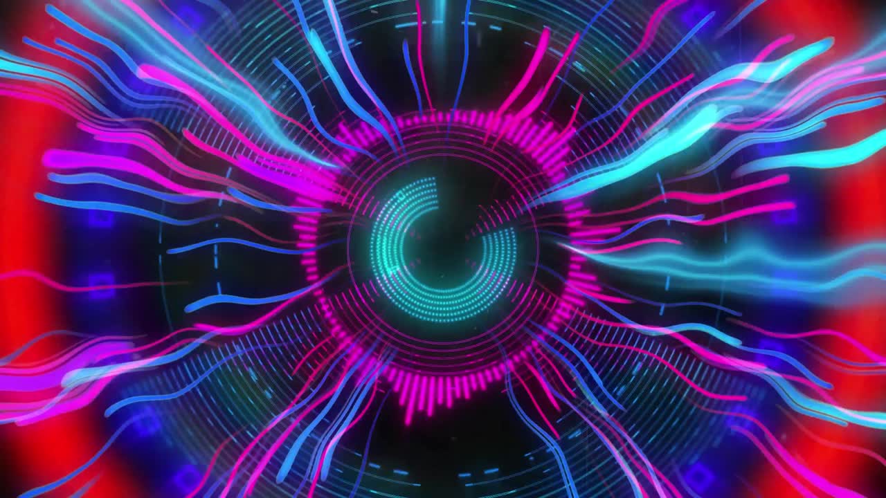 Animation of purple neon light trails and circles over black background