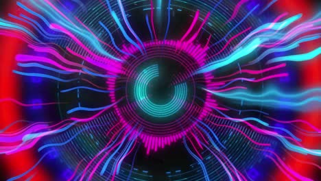 Animation-of-purple-neon-light-trails-and-circles-over-black-background