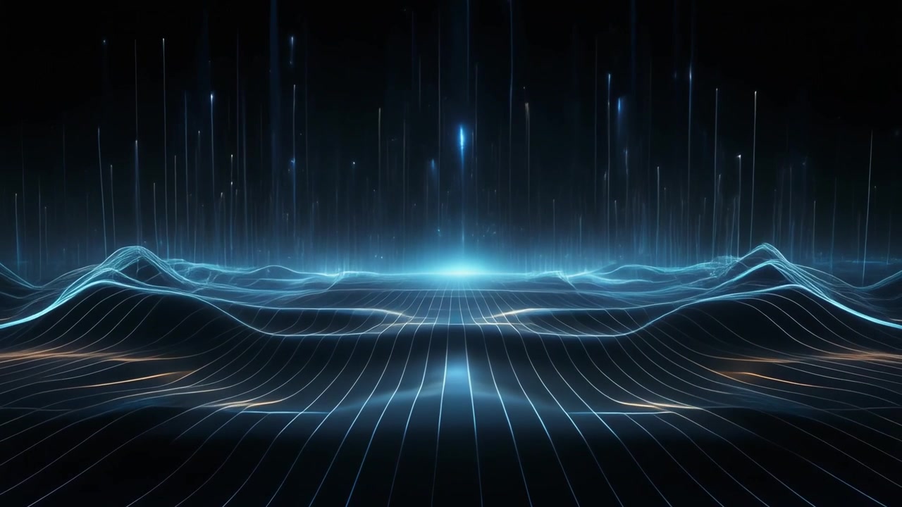 Abstract Digital Landscape with Glowing Blue Data Waves and Vertical Light Beams