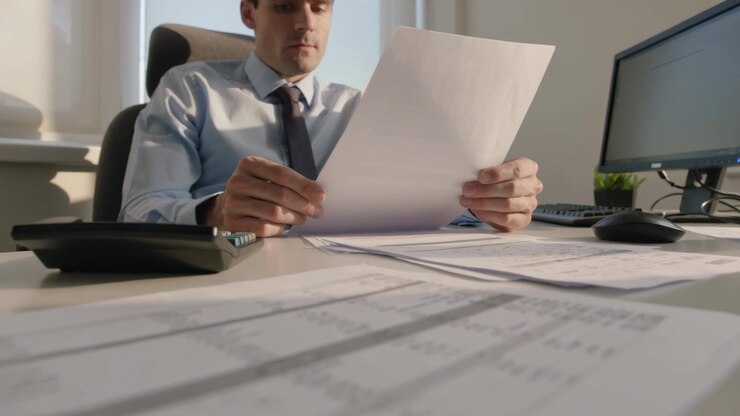 Flipping single sheet, man wearing light shirt and dark tie reviewing spreadsheets at office desk