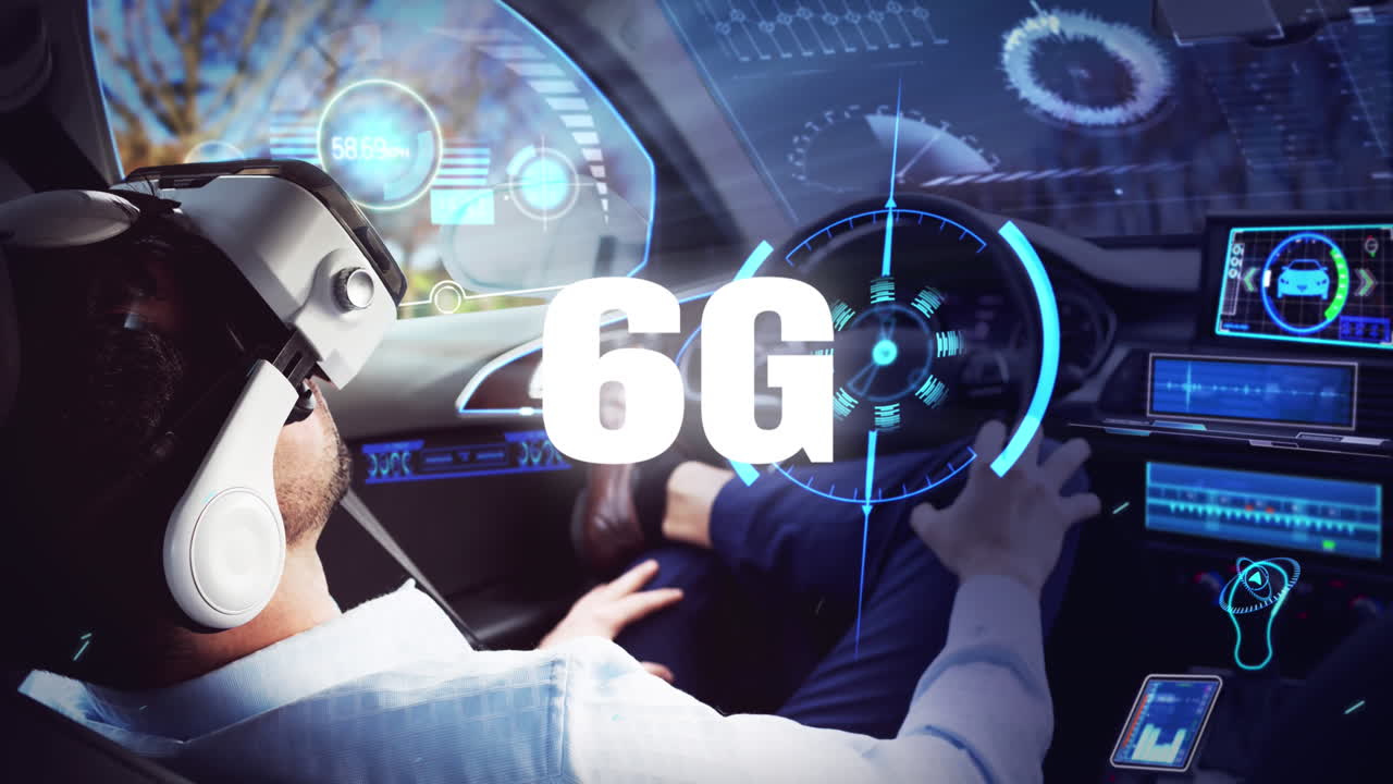 animación de texto de 6g en azul sobre escaneo de alcance y hombre en coche de conducción autónoma