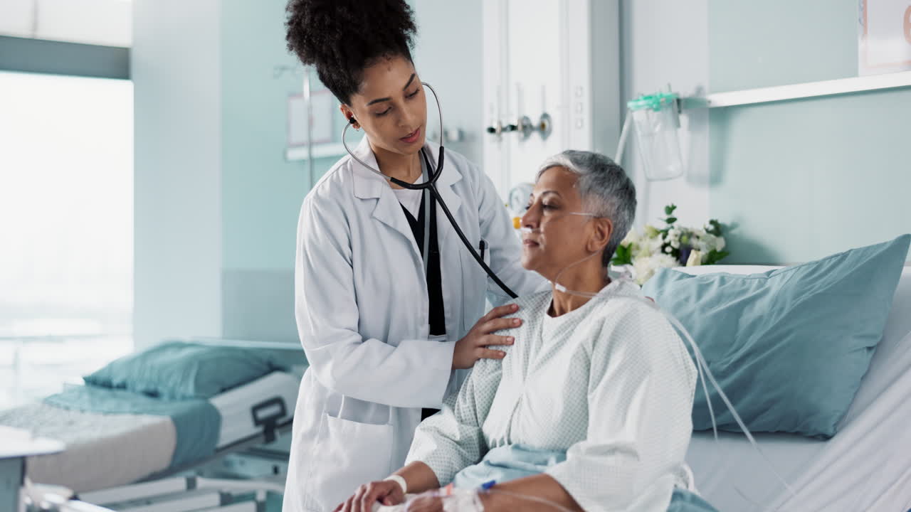 Hospital, doctor and woman breathing