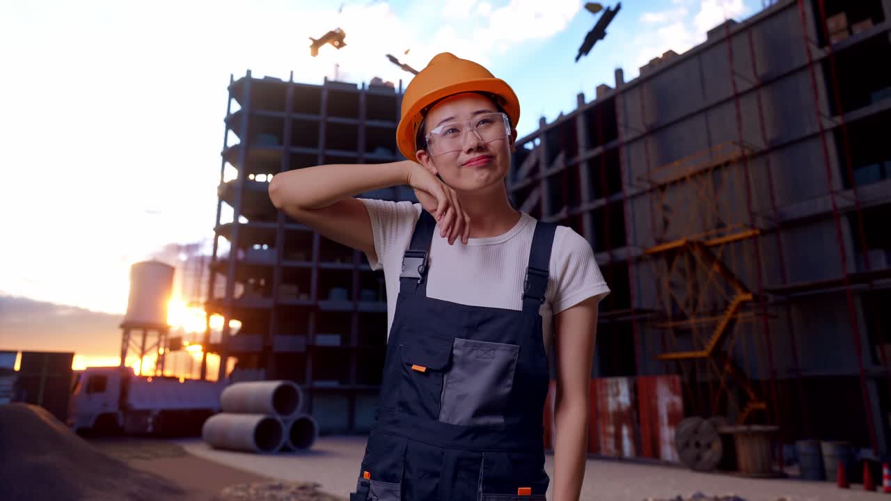 trabajadora asiática con gafas de protección y casco de seguridad limpiando el sudor y cansada mientras está de pie en el sitio de construcción