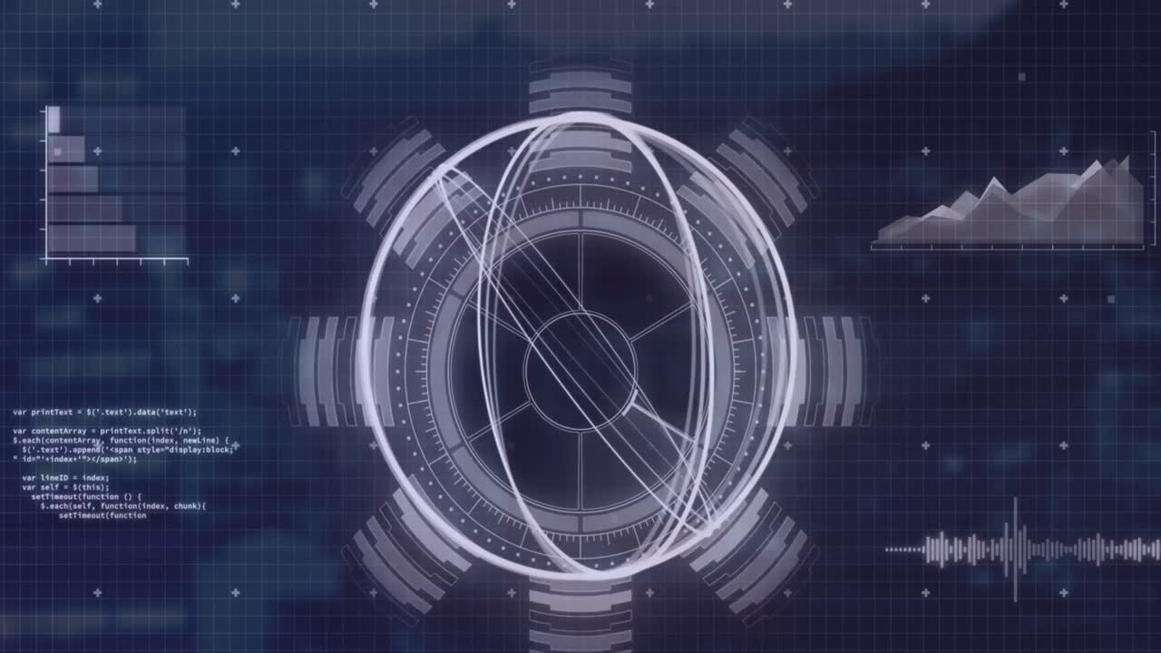 Animation of rotating circles and data processing on navy background